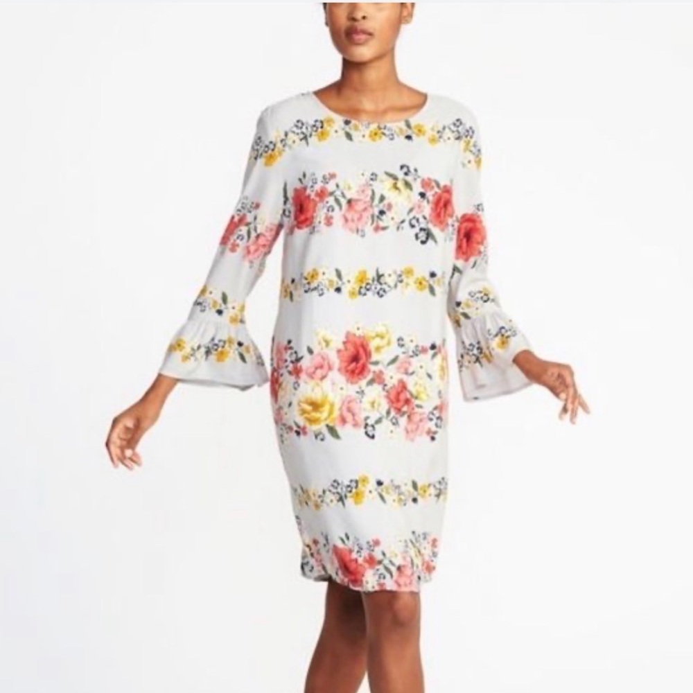 NWT Old Navy Gray Vibrant Floral 3/4 Bell Sleeves Sheath Dress Large